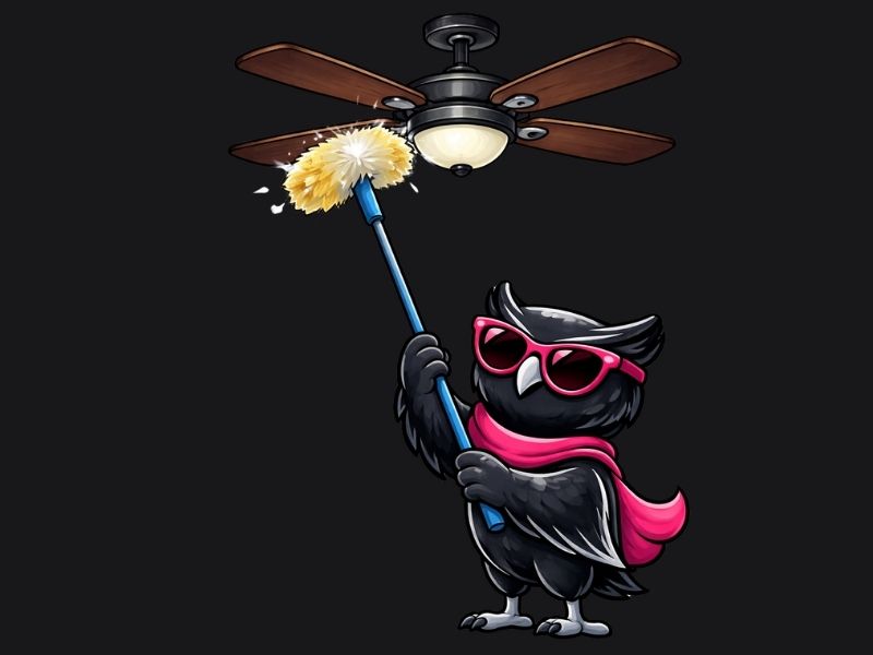 Owl with long duster cleaning the fan