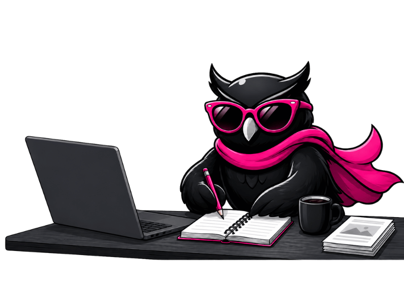 Owl sitting at desk writing in a notebook