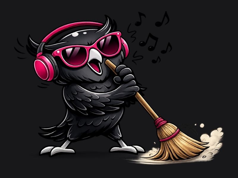 Owl singing into mop with headphones on